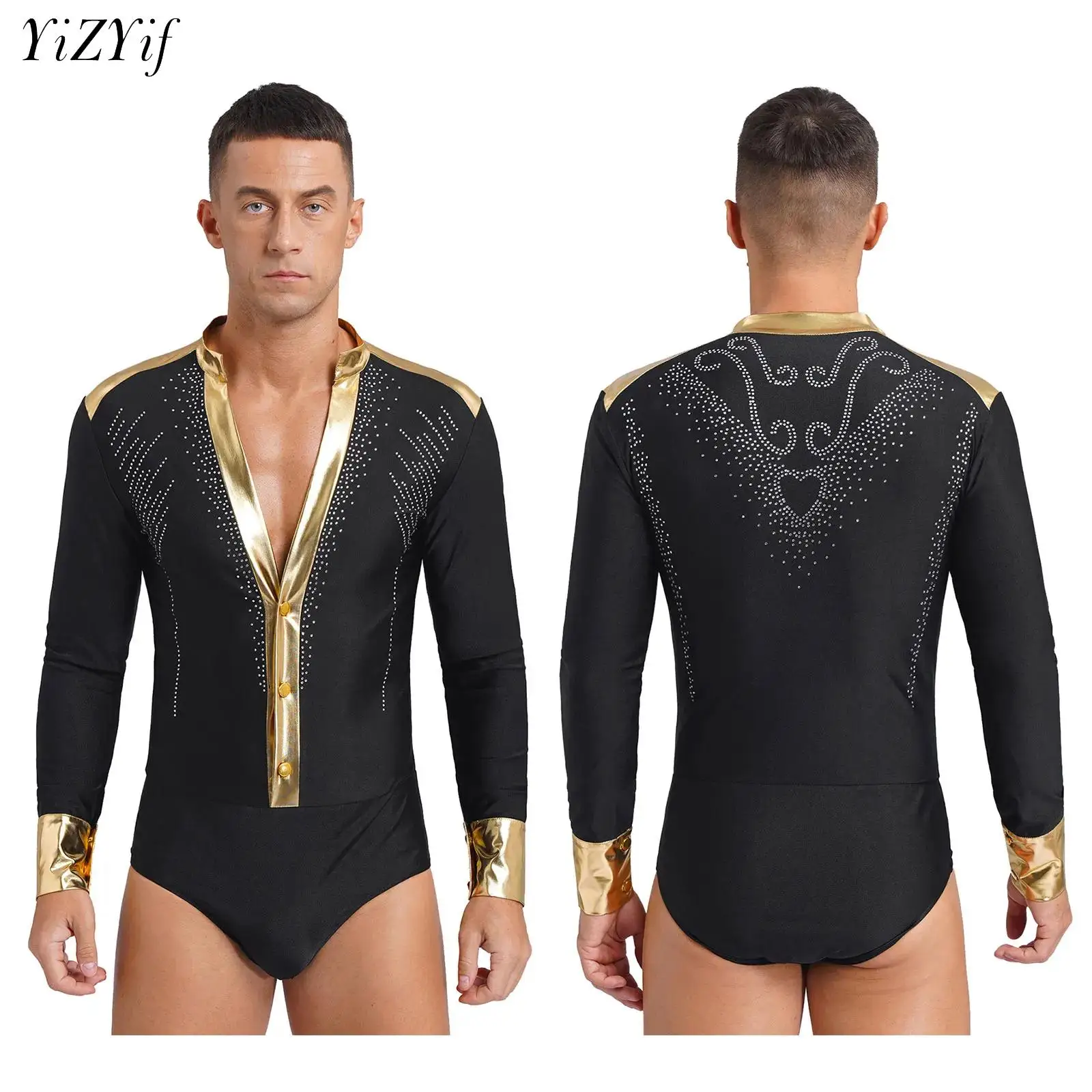 Men Latin Jazz Dance Costume Deep V Neck Long Sleeve Leotard Bodysuit Dancewear for Ballroom Figure Skating Stage Performance