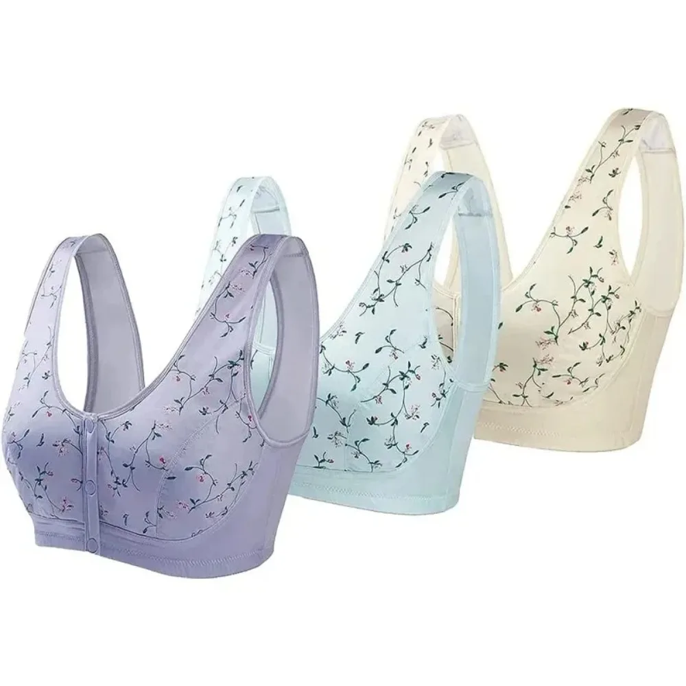 3PCS for The Elderly Front Button Wireless Bra Front Fastening Bras Plus Size Front Clasp Wireless Cotton Vest Bra
