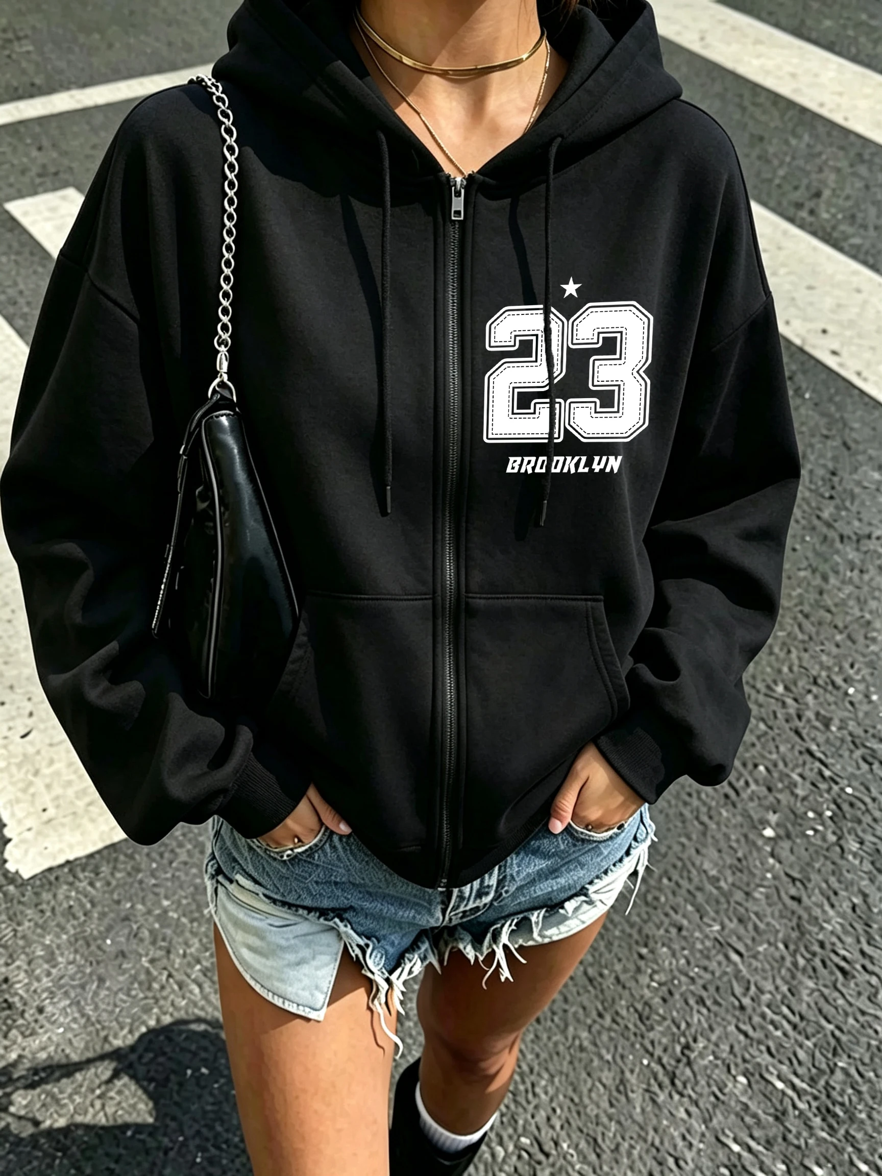 Brooklyn Number 67 And Stars Printed Women Zipper Hoodies Fashion Casual Streetwear Fleece Pocket Hoody Autumn Oversize Clothes