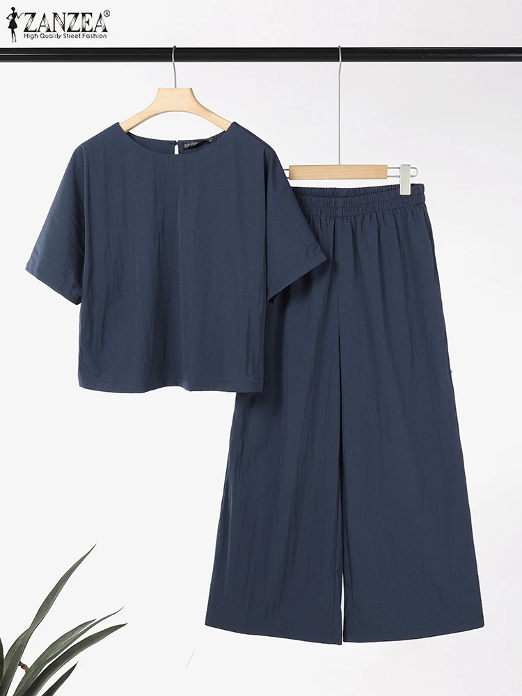 

ZANZEA Wide Leg Cropped Pants Daily 2 Piece Sets 2025 Summer O-Neck Half Sleeve Tops Loose Casual Pant Sets Two Piece Outfits