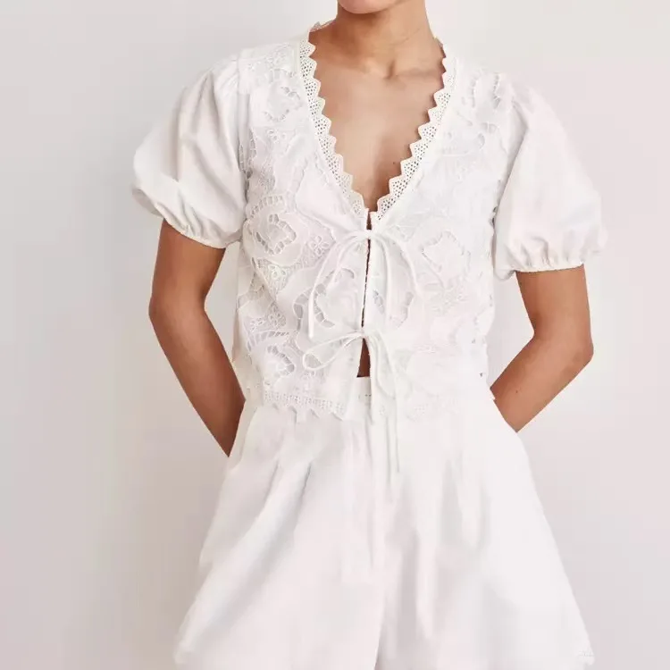 Lace White Ladies Nightgowns Suit V-Neck Pajamas Short Sleeve Sleepwear Crop Top Nightwear Shorts Home Clothes Female