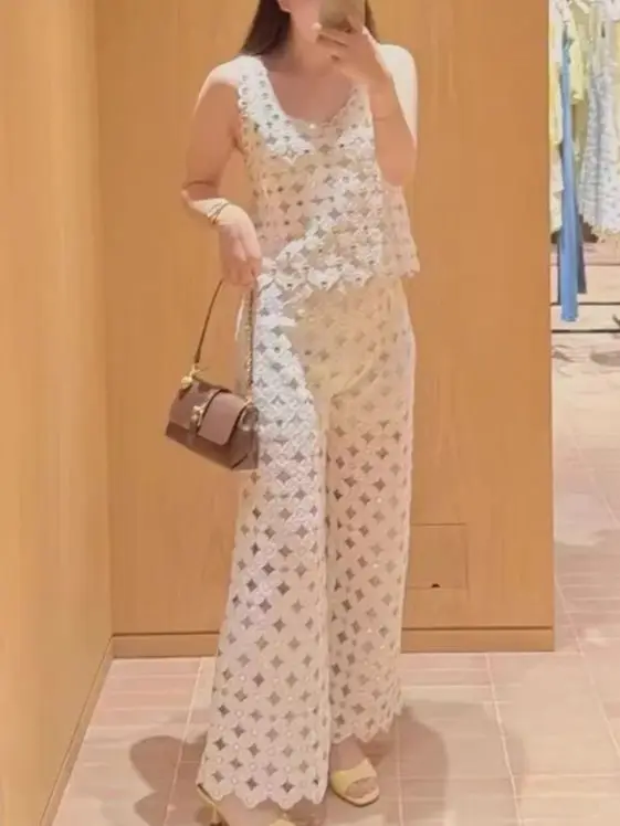 

Spring/Summer Women O-Neck Hook Flower Hollow Lace Solid Knit Set Sleeveless Knitwear Top + High Waist Elegant Wide Leg Pants