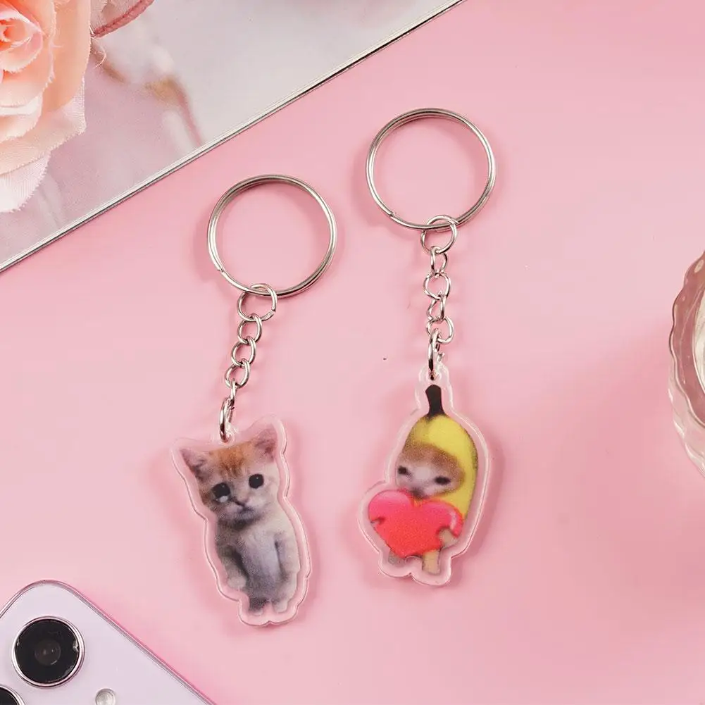 2024 Happy Banana Cat Key Chain Mobile Phone Chain Keyring Student Gift Funny Cat Bag Pendant Lanyard Happy Cat Keychain