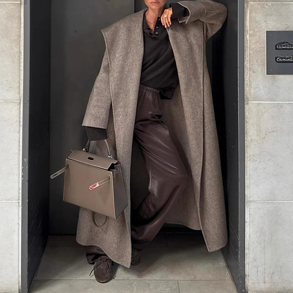 

Fashionable Elegant Shawl-Style Lapel Tie-Waist Woolen Coat Autumn Winter Women's Fashion Outerwear