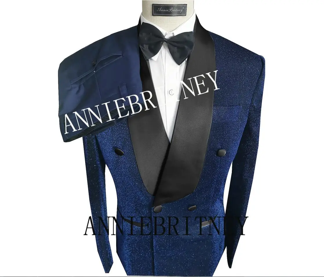 

Custom Shiny Blue Wedding Suits for Mens Prom Double Breasted 2 Piece Slim Fit Groom Tuxedos Formal Business Jackets Black Lapel