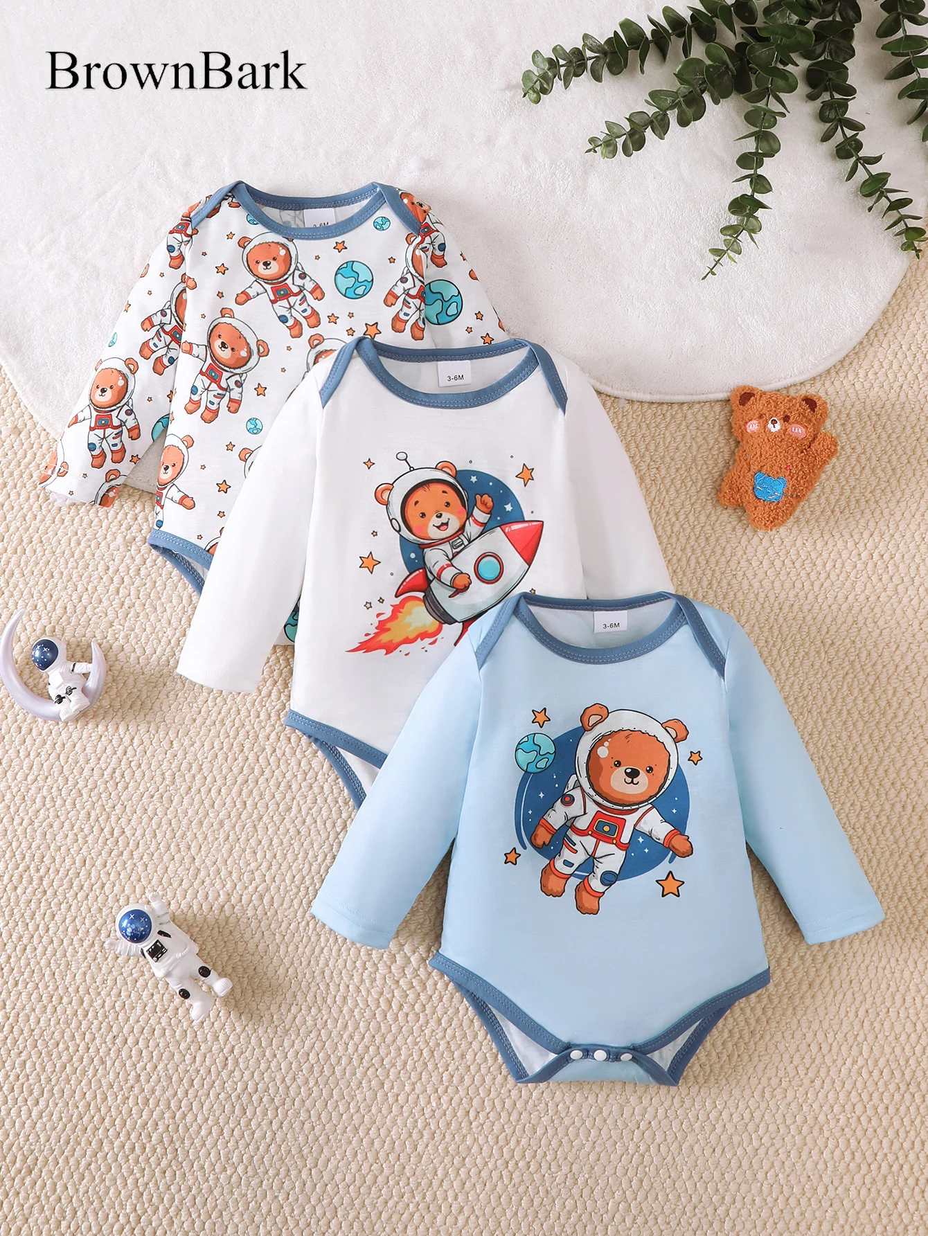 3-Piece Set, Fashionable and Trendy Casual Baby Boy Clothes, Round Neck Short-Sleeved, Stylish and Cute Cartoon Astronaut Pattern, Baby Boy Newborn Onesie Three-Piece Set