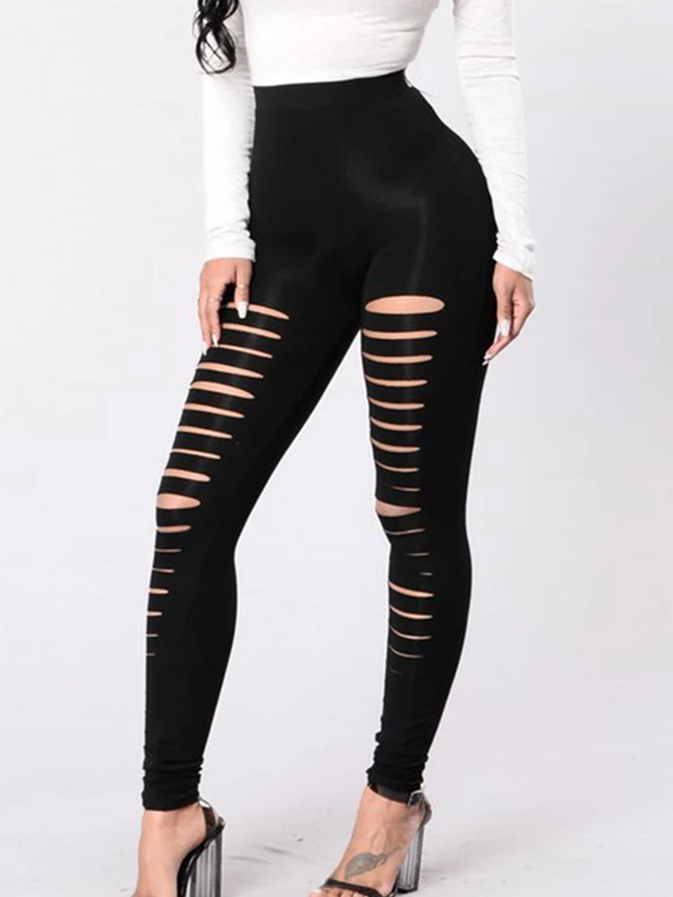 Hollow Out Ripped Pencil Pants Women Hole Design Sexy Leggings Summer Fashion High Waist Stretch Dancing Club Street