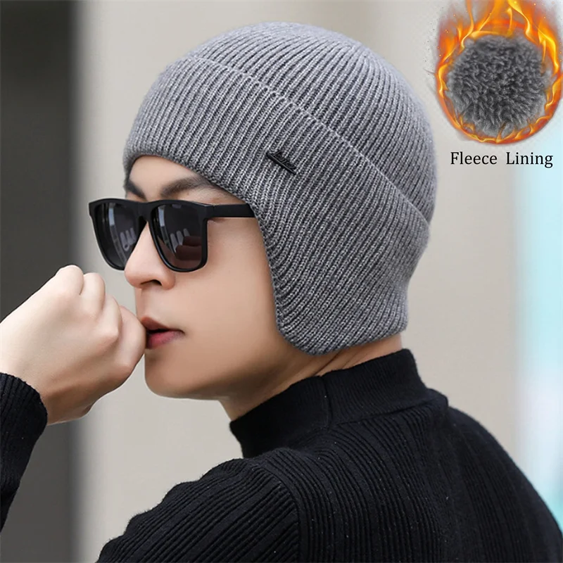 

Men Outdoor Ear Protection Beanies Thicken Knit Woolen Warm Skull Hat With Earflaps Cycling Fleece Lining Bonnet Dad Gift Hats