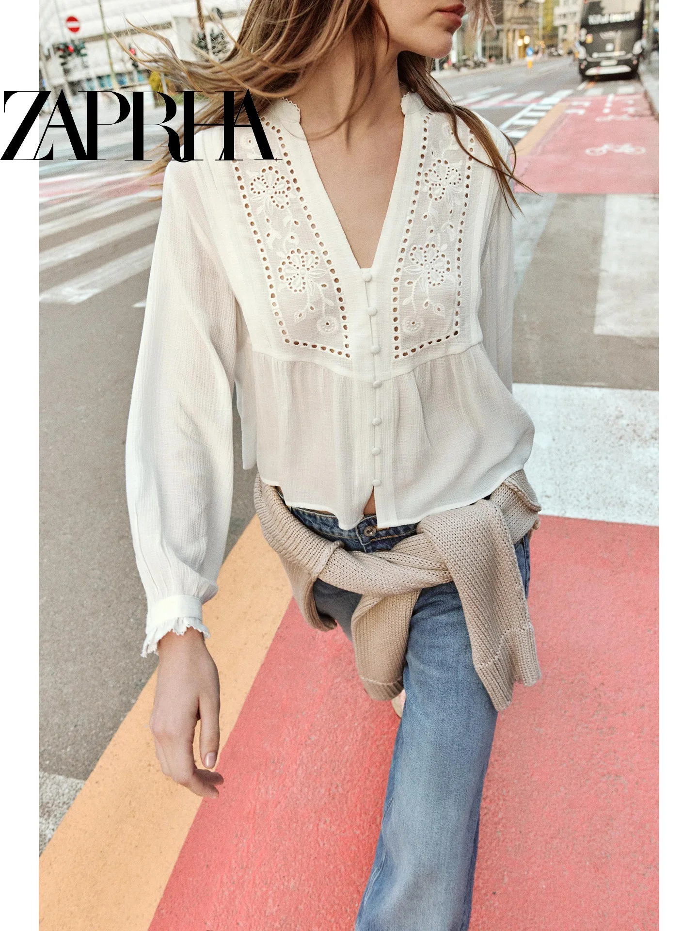 

Elegant V-neck Embroidered Hollow out Lace Hem Shirt Women's Slimming Casual Style Long Sleeve Summer 2026 Fashion Shirt