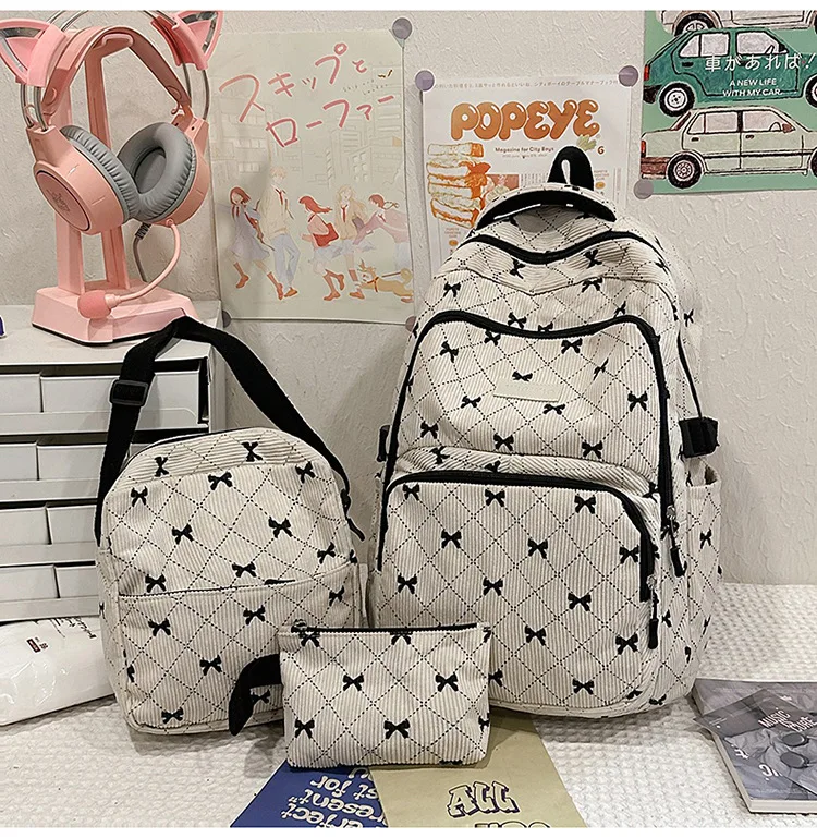 

New Casual Fashionable Versatile Bowknot Backpack Cute Minimalist Large Capacity Printed School Bag 3-in-1 Storage Bag Set