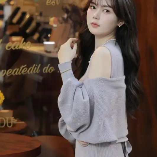 ชุดเสื้อไหมพรมถักสไตล์ญี่ปุ่นแบบสองชิ้น รุ่น Dr ทรงเข้ารูป กระชับเอว 4 ทิศทาง คอลเลคชั่นฤดูหนาวสำหรับสุภาพสตรี