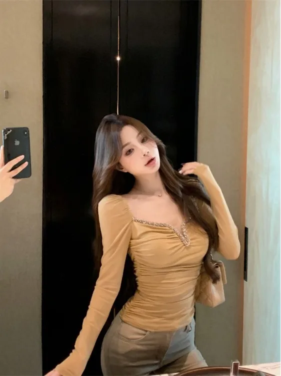 Blue V-Ne Long Sve T-irt Women's Autumn Winter ort Sle Diamond Embedded Slim Fit Base irt Ele Personali