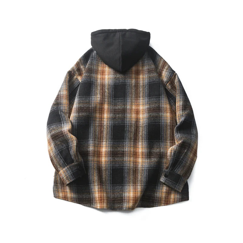 Men Autumn Vintage Maillard Style Sanding Plaid Loose Casual Streetwear Fashion Hooded Jacket Cityboy Coat Campus Outerwear