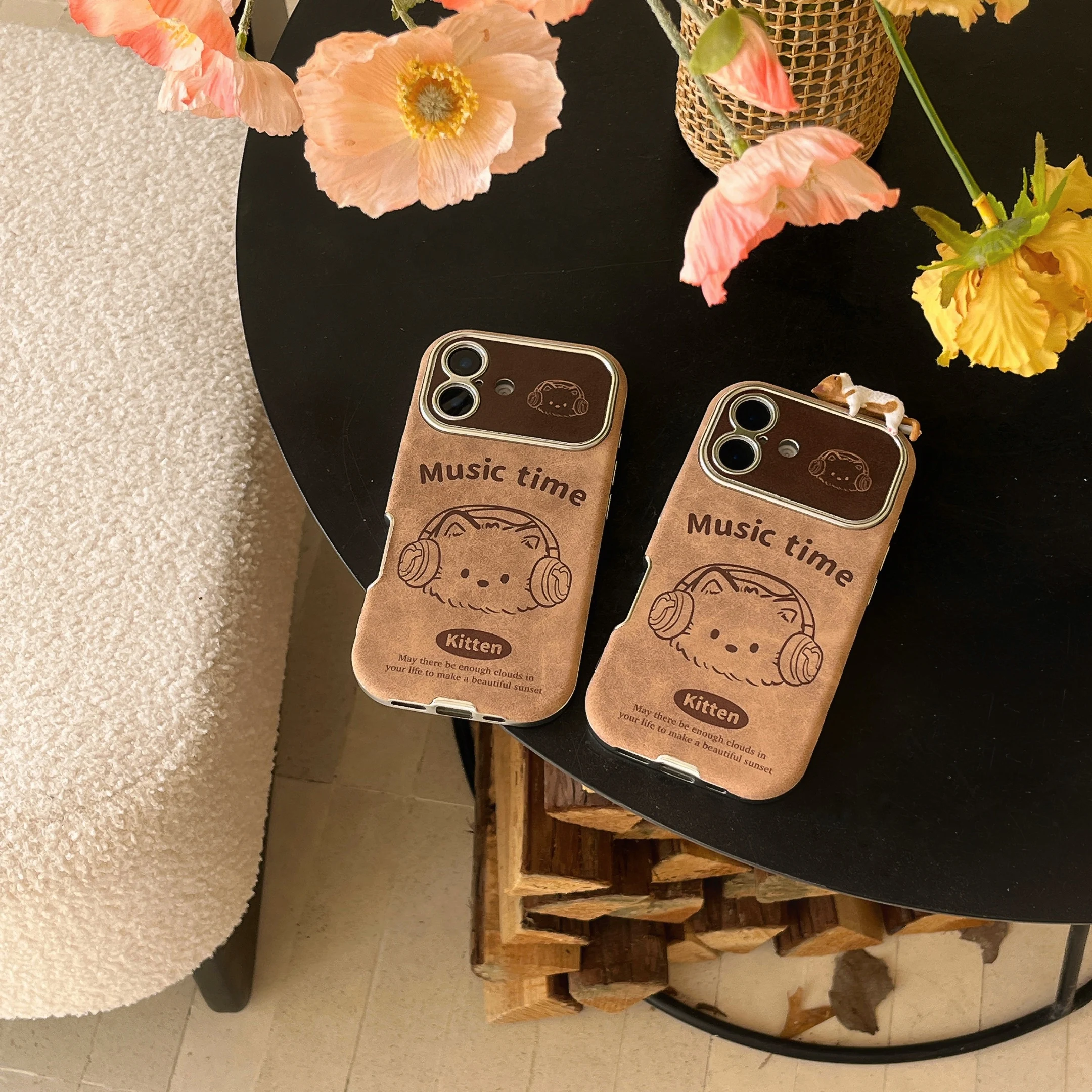 Cartoon INS Suede Texture Dog with Earphone Sleep Cat Decoration Phone Case for iPhone 16 15 14 13 Pro Max Back Phone Cover Capa