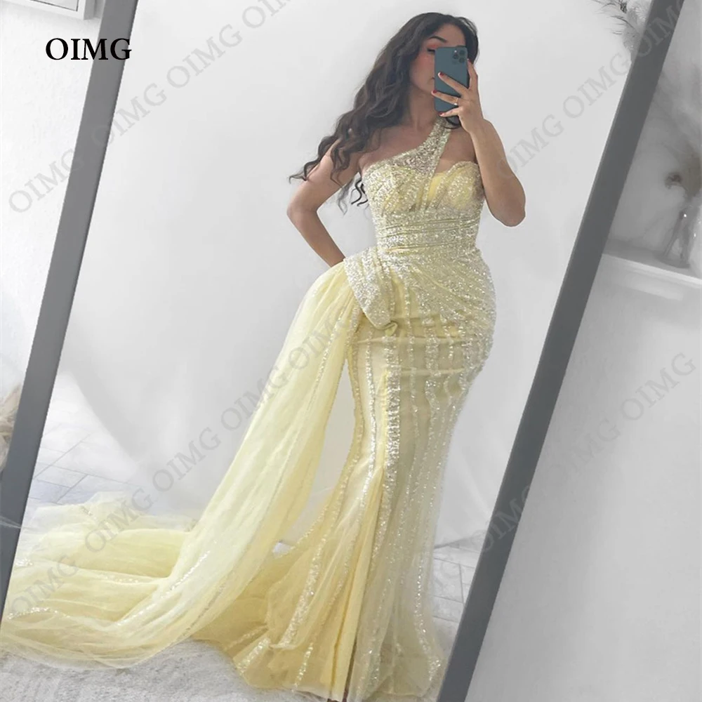 

OIMG Yellow Shiny Sequins Evening Dresses Long Tulle Beads One Shoulder Prom Gowns Fashion Mermaid Celebrity Formal Party Robe