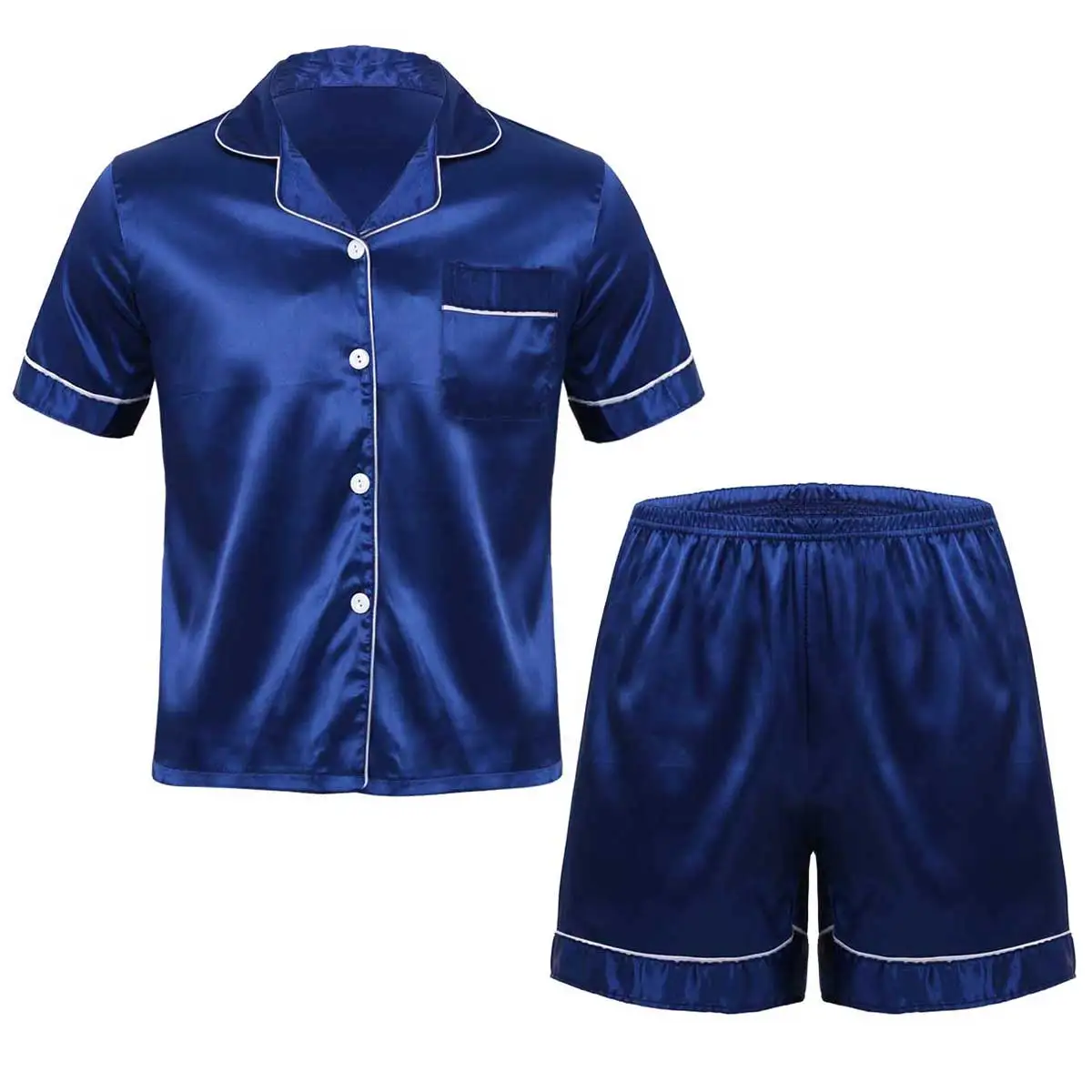 Mens Silky Satin Sleepwear Nightwear Pajamas Set Short Sleeves Button Down Shirt Top with Boxer Shorts Loungewear