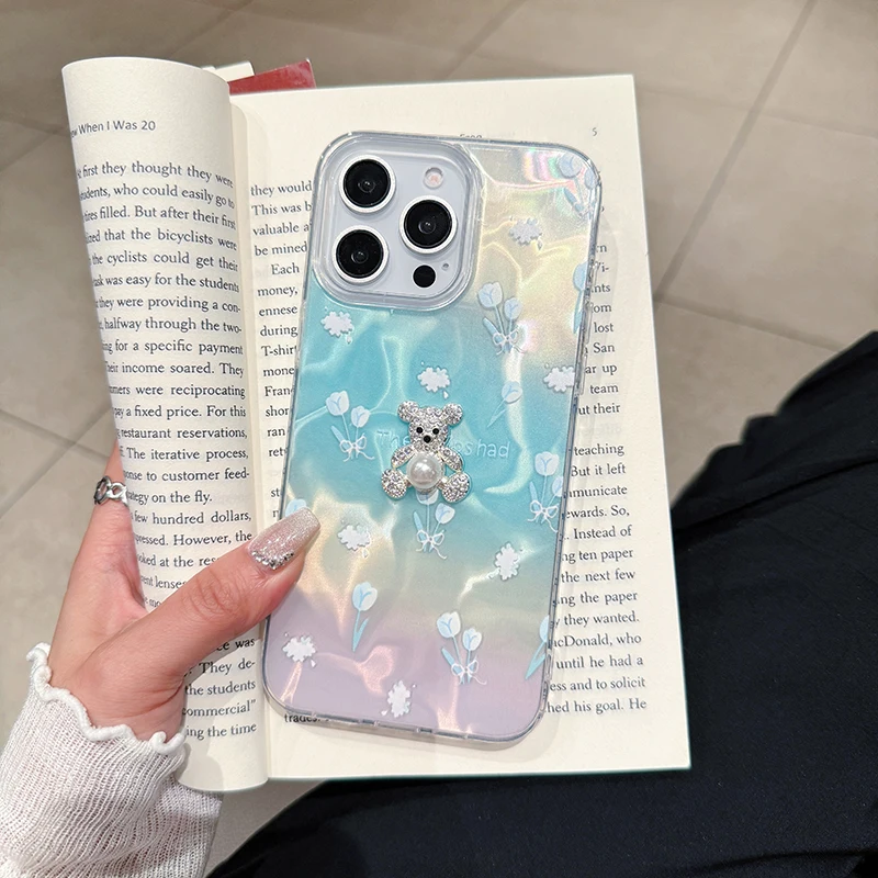 3D Teddy Bear Laser Dazzling Pleated Aurora Water Ripple Phone Case For iPhone 16 15 Pro Max 14 13 12 11 XS 7 Plus Flower Cover