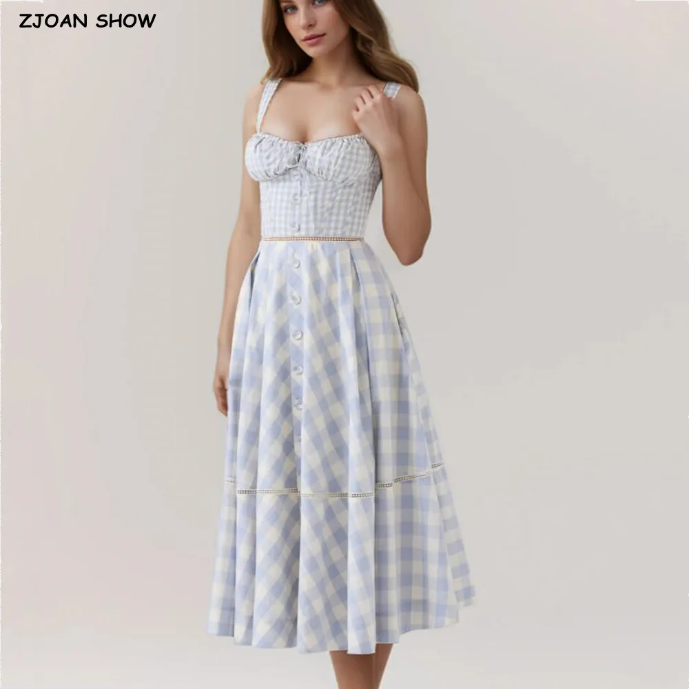 

2025 Holiday Blue White Plaid Spliced Swing Hem Slit Open Buttons Sling Dress Bow Ruched Bra Corset Style Tank Long Dresses Robe