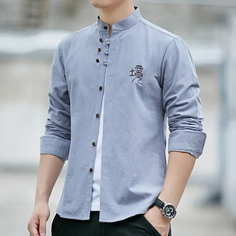

New Halloween Cosplay Costume Big Size Long Sleeve Traditional Chinese Men Retro Casual Shirt Solid Color Kung Fu Clothes T2026★