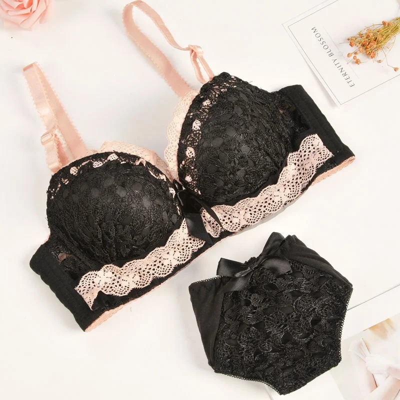 Black Gathered Bra Set with Steel Ring Medium Thick Sexy Underwear for Teen Girls U-Neck Removable Double Straps Home Comfort