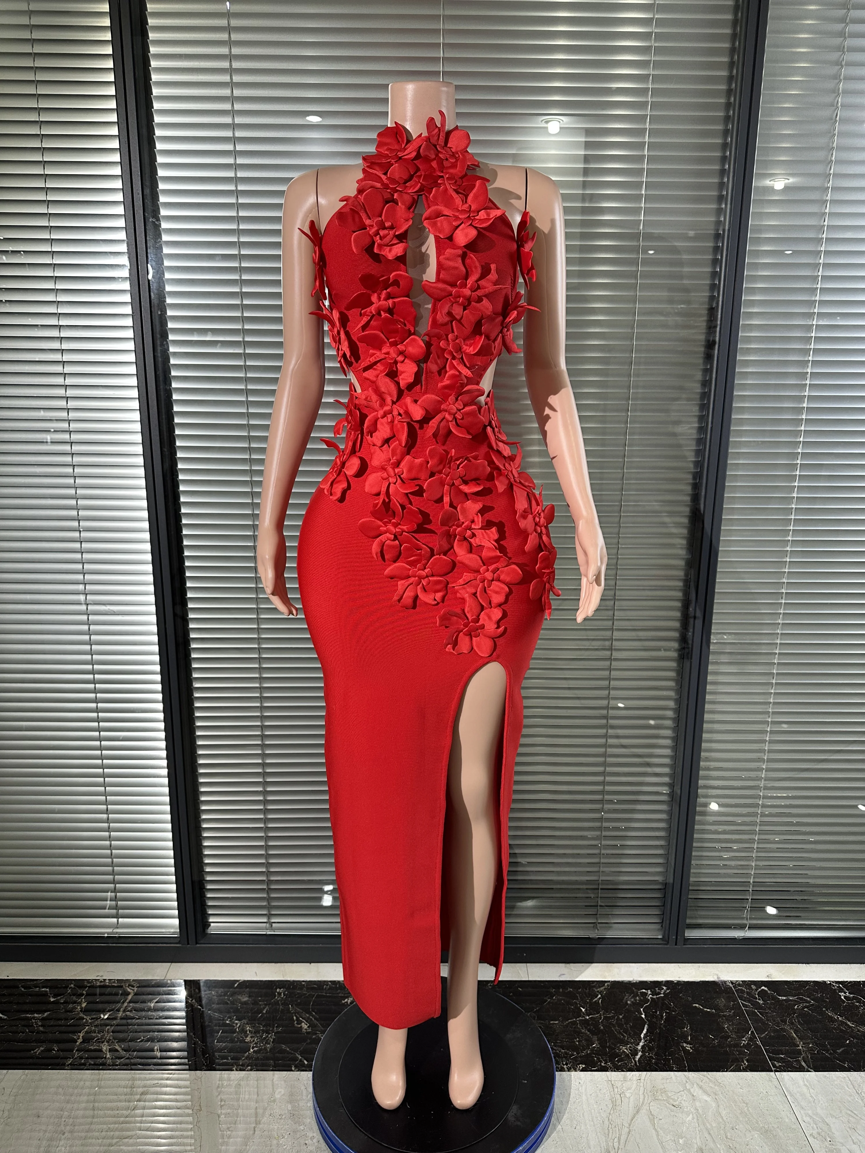 

Matching Jersey Handmade Flower Pleat Column High Collar Ankle Customized Modern Style Length Dresses Bespoke Occasion Dresses