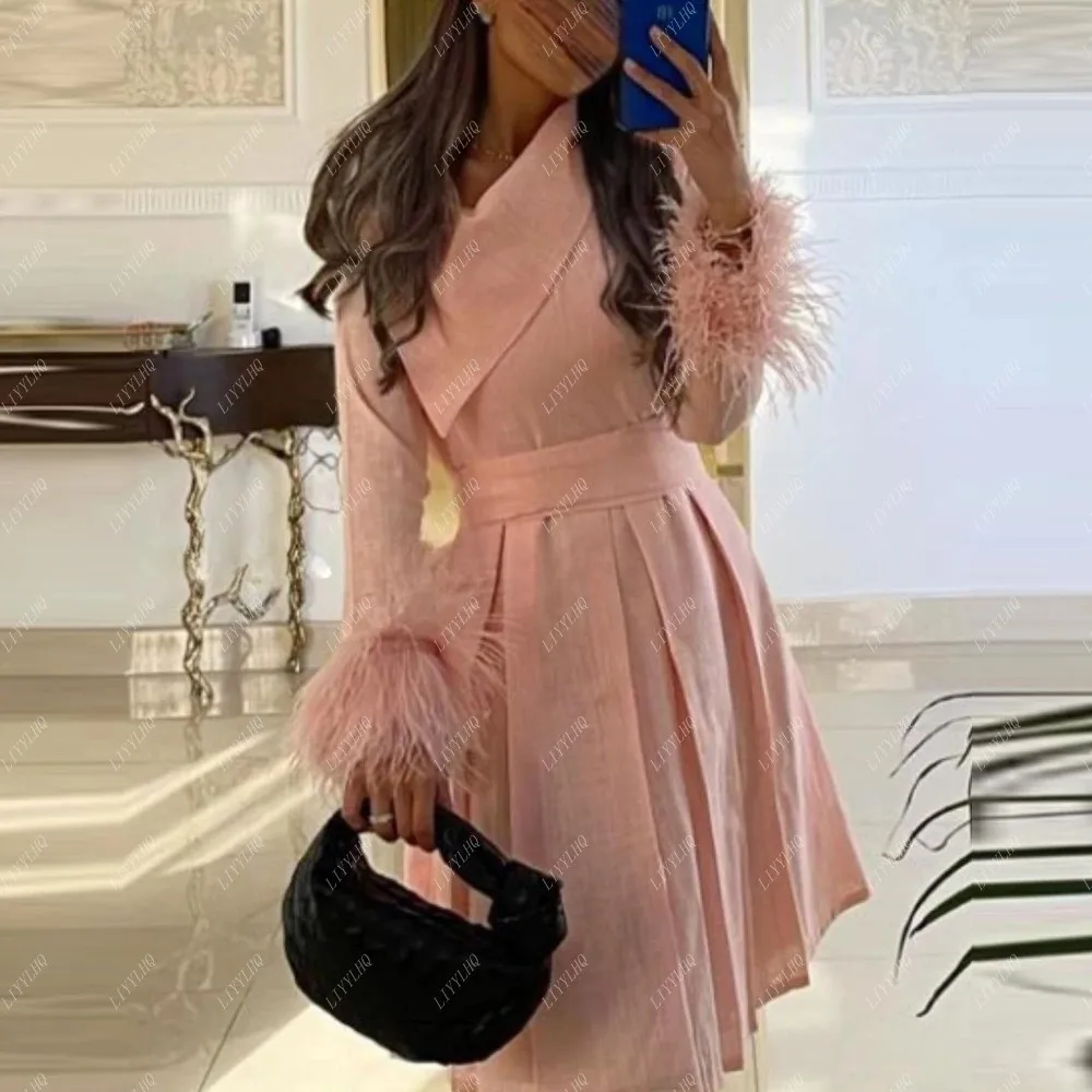 LIYYLHQ Chic Neck A-Line Knee-length Prom Dresses Formal Arabia Short Pink Long Sleeves Evening Party Dresses Gowns For Women