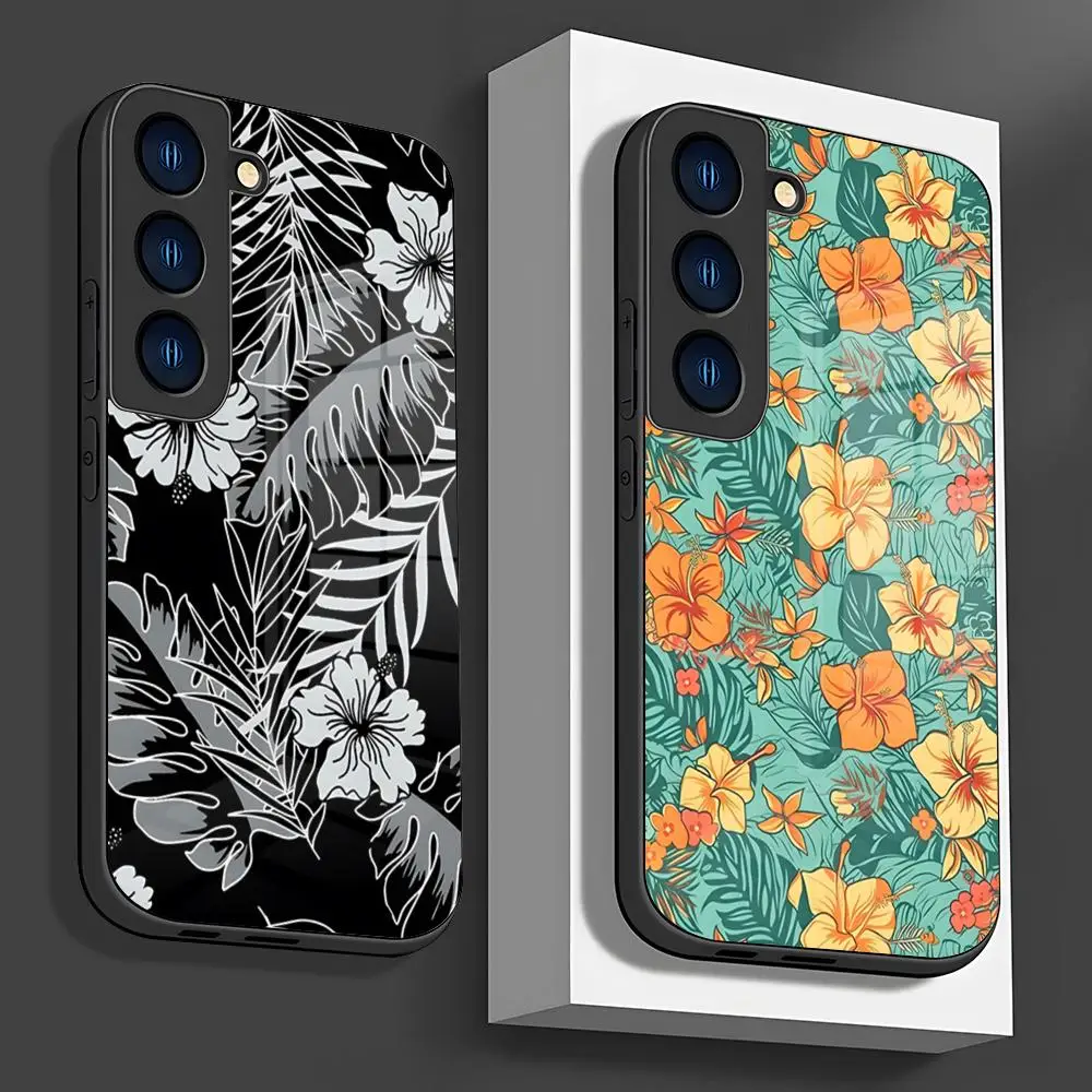 Hibiscus Retro Hawaiian Flower Phone Case Glass Shell For Samsung S23 S21 S22 S30 S20 S9 S10E Note 20 10 Ultra Pro Plus Coque