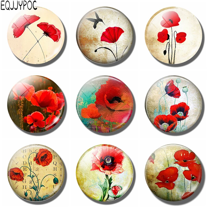 Red Poppies 30 MM Fridge Magnet Poppies Poppy Flower Lover Gift Glass Dome Magnetic Refrigerator Stickers Note Holder Home Decor