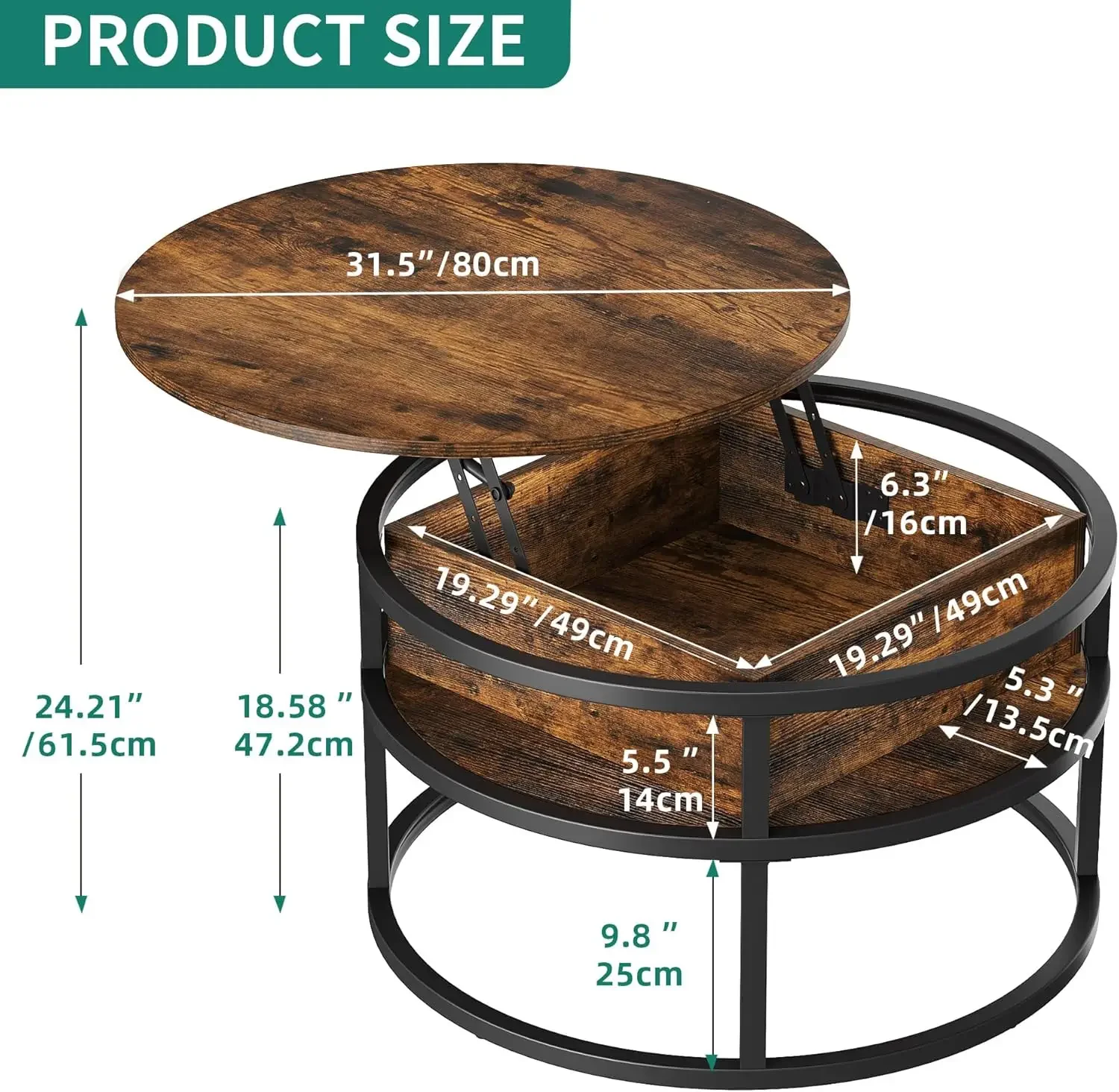 Mesa de centro elevable con almacenamiento, mesa de centro de madera con compartimento de almacenamiento oculto, mesa central para sala de estar, marrón rústico