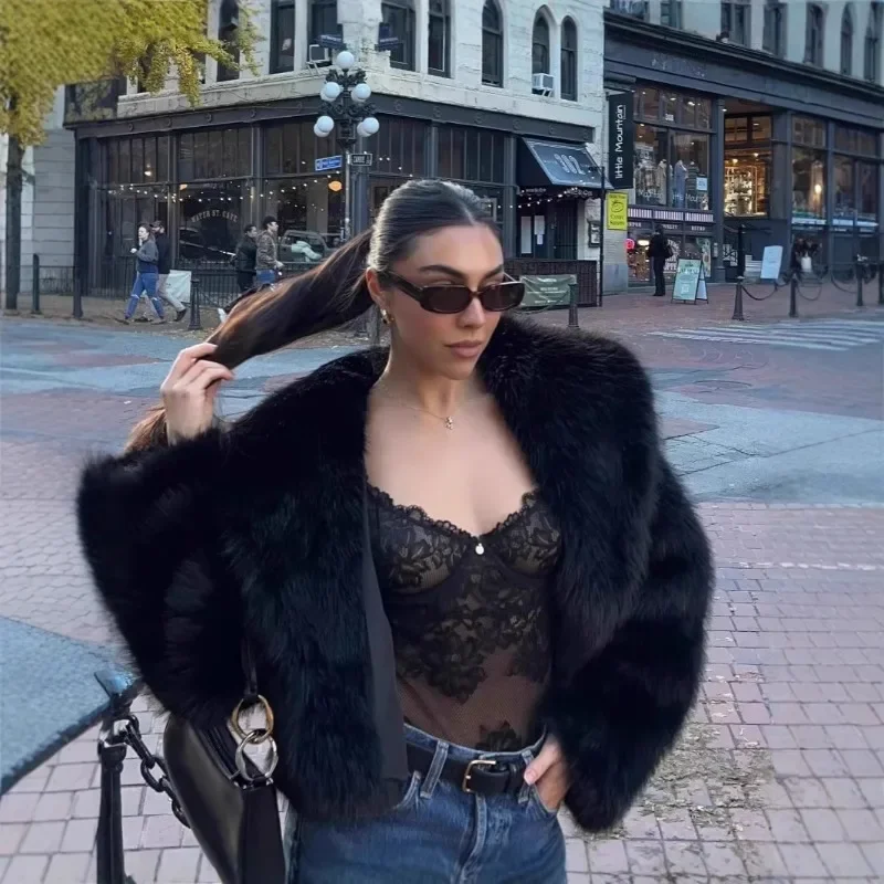 Women's Thick Warm Faux Fur Jacket Lapel Collar Long Sleeve Female Outerwear Fox Hair Black Coat Winter Fashion Women Clothing