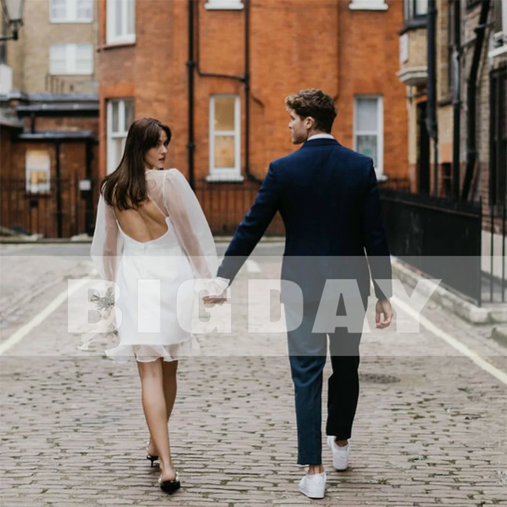 Mangas compridas mini vestidos de casamento o pescoço aberto volta na altura do joelho organza bainha curto vestido de noiva vestidos de noiva personalizado