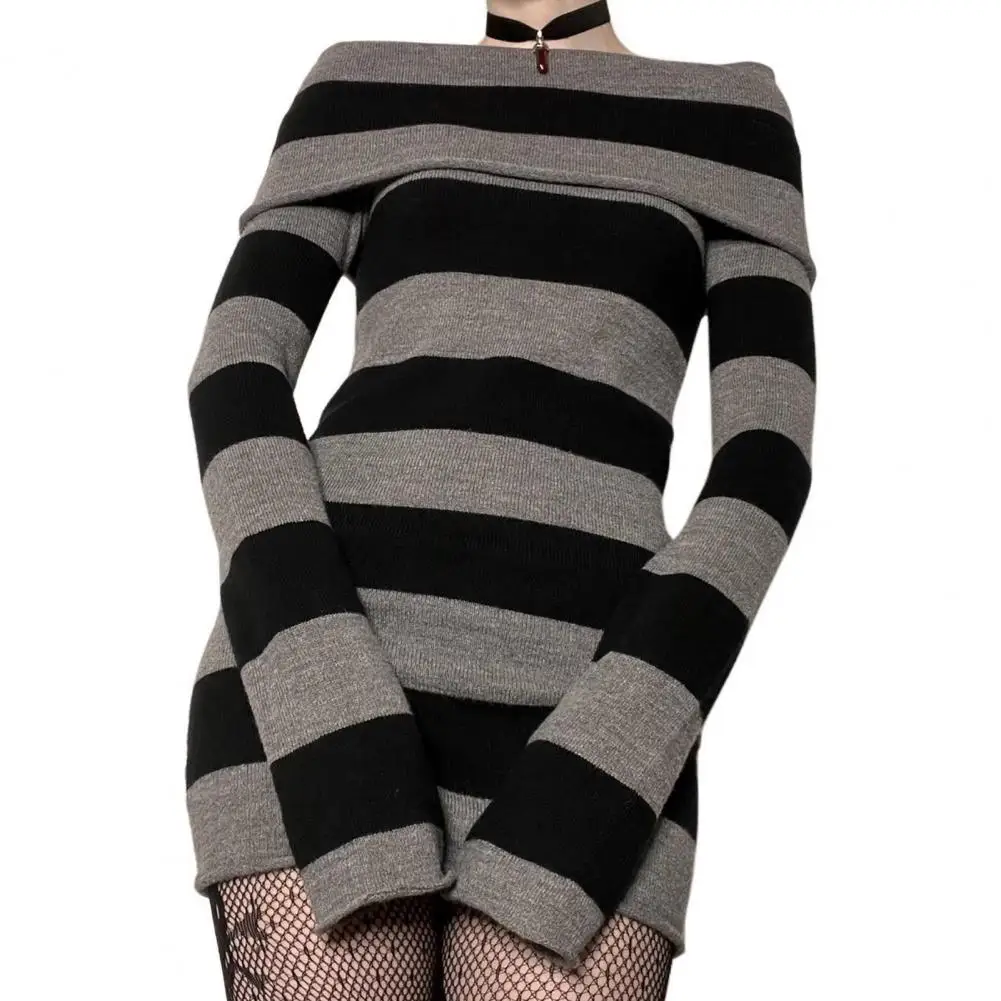 Maglione a righe Mini abito Mall Goth Grunge Emo Bodycon Chic donna Off spalla manica intera abiti Slim Fit 00s Vintage