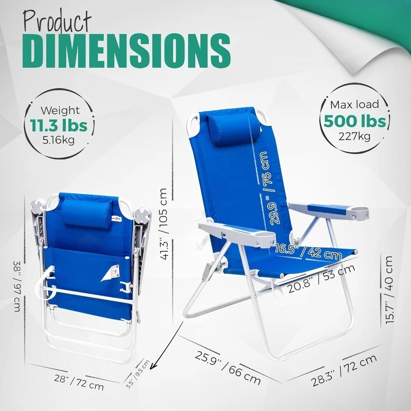 

Oversized Tall Folding Beach Chair Lightweight, 17" Portable Sand Chair for Adults Heavy Duty 500 LBS with Cup Holders, Foldable