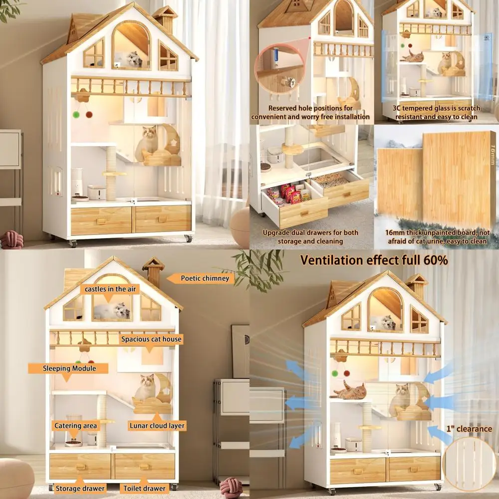 

Large Wooden Indoor Cat Enclosure with Wheels, Multi-Feature Condo Including Litter Box Access