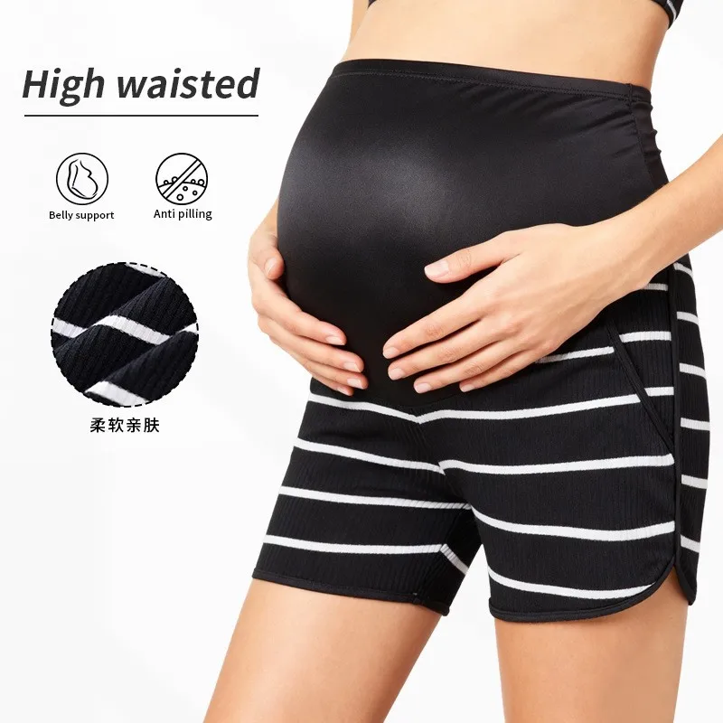 Maternity Clothing High Waist Over Belly Stripes Shorts Summer Sports Casual Stretch Shorts Comfortable Pregnant Woman Pants