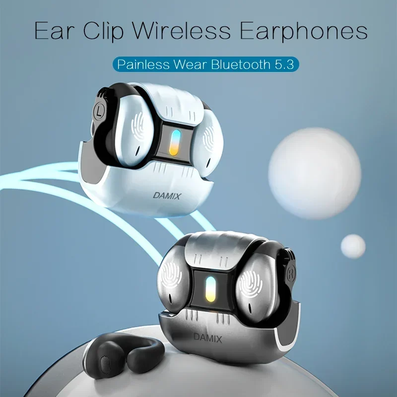 Wireless Bone Conduction Open Ear Clip Bluetooth 5.5 Headphones LED Breathing Light and Noise Canceling Earbuds for Daily Use