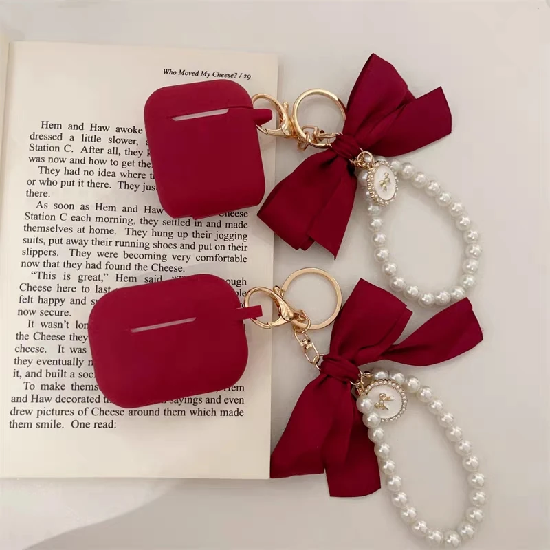 Wine Red Bow Pearl Chain For apple AirPods Pro 2 Case Wireless Silicone Earphone Case Cover For AirPods 2 3 4 Headset Box funds