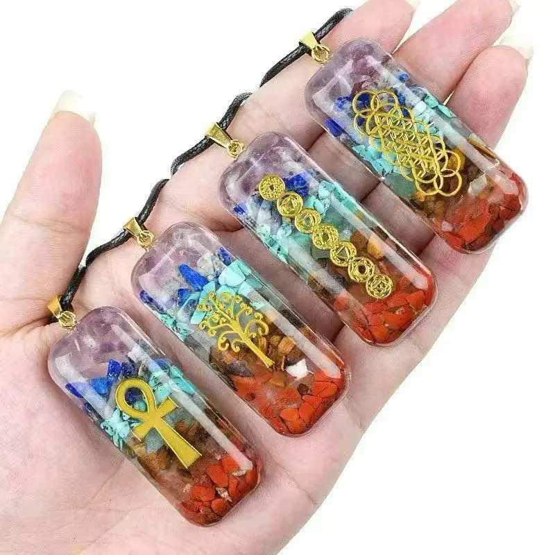 7 Chakra Orgonite Necklace Rectangle Natural Crystal Gravel Orgone Pendant Tree of Life Ankh Sacred Geometry Healing Jewelry