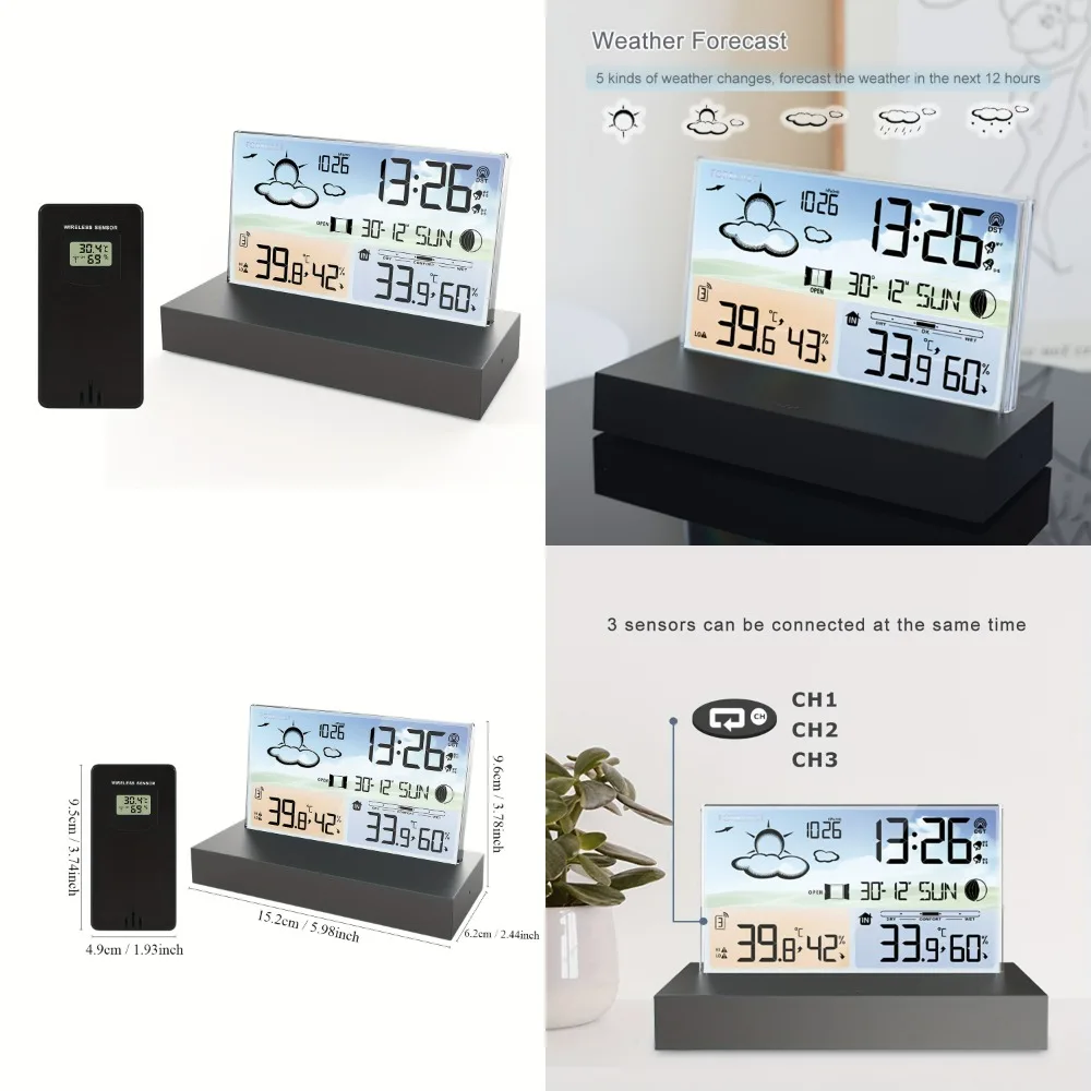 1pc, Transparent Glass Weather Thermometer Clock Color Screen RF Wireless Multi- Weather Forecast Indoor Outdoor Thermometer Ele