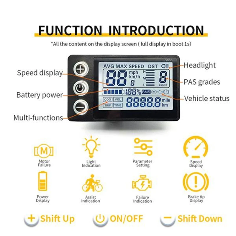 24V 36V 48V 60V Waterproof LCD Display S866 Controller Panel Dashboard Electric Bike Display for Electric Scooter 6Pin-A23U