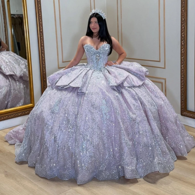 

Сиреневое блестящее платье принцессы с открытыми плечами Sweet 16, платья Quinceanera, аппликация, бисер, тюль, вечерние платья для дня рождения