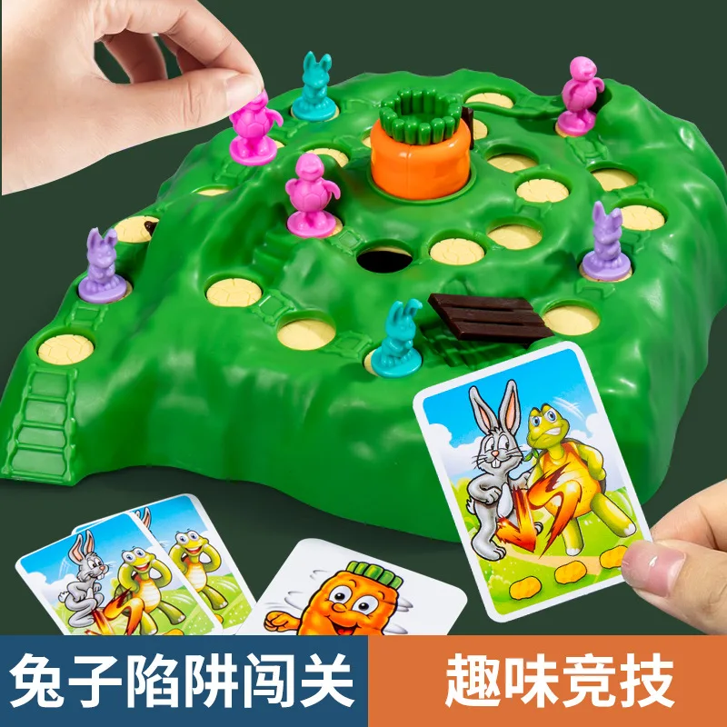 Children's Desktop Toy Turtle and Rabbit Race Parent-child Interactive Trap Card Game Cartoon Rabbit Crossing Levels Checkers