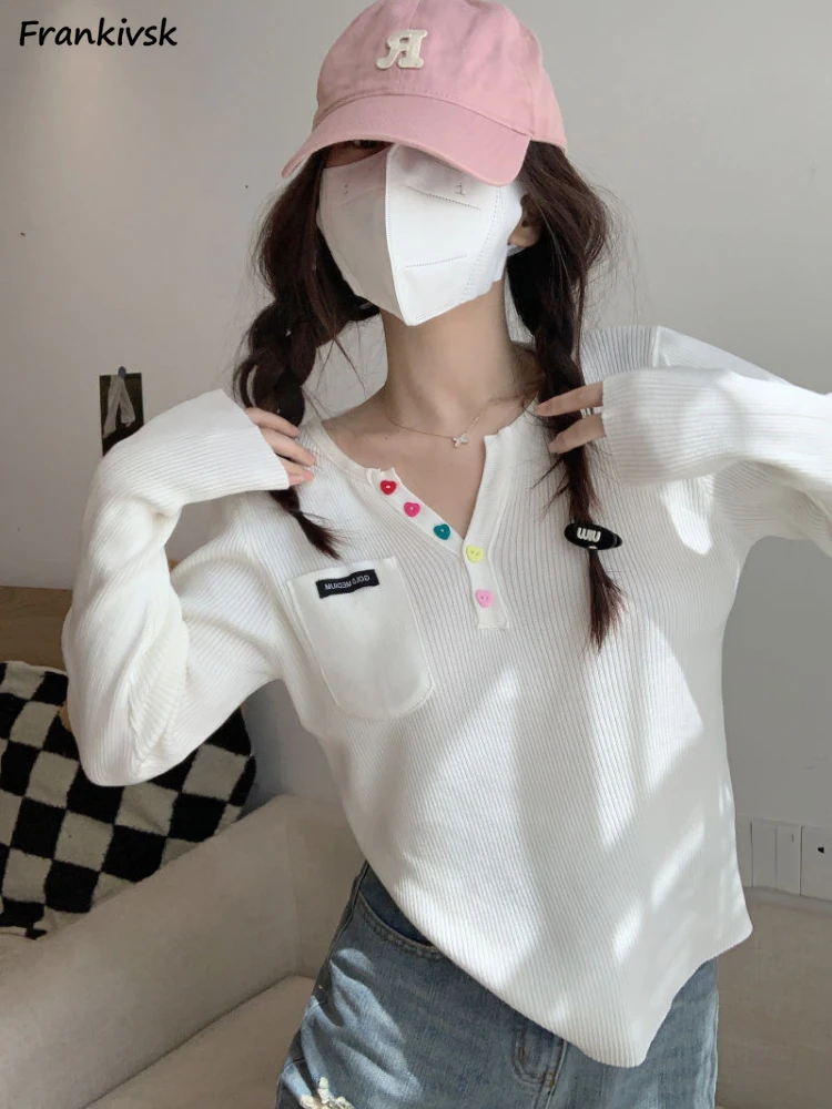 

V-neck Sweaters Women Youthful Vitality Colorful Button Stylish All-match Schoolgirls Korean Style Chic Sweet Cute Spring Autumn