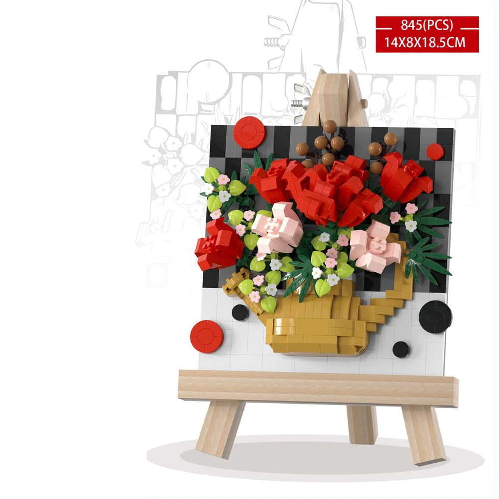 Bouw Idee Kunst Bloem 3d Schilderij Bouwstenen Met Houten Ezel Micro Diamant Blok Speelgoed Voor Meisjes Desktop Decoratie