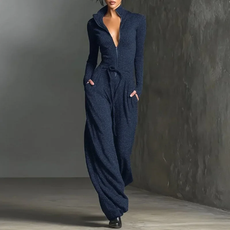 Spring Casual Solid Slim Straight Jumpsuits Woman Elegant V Neck Zip Bodysuit Autumn Long Sleeve High Waist  Sports Outfit