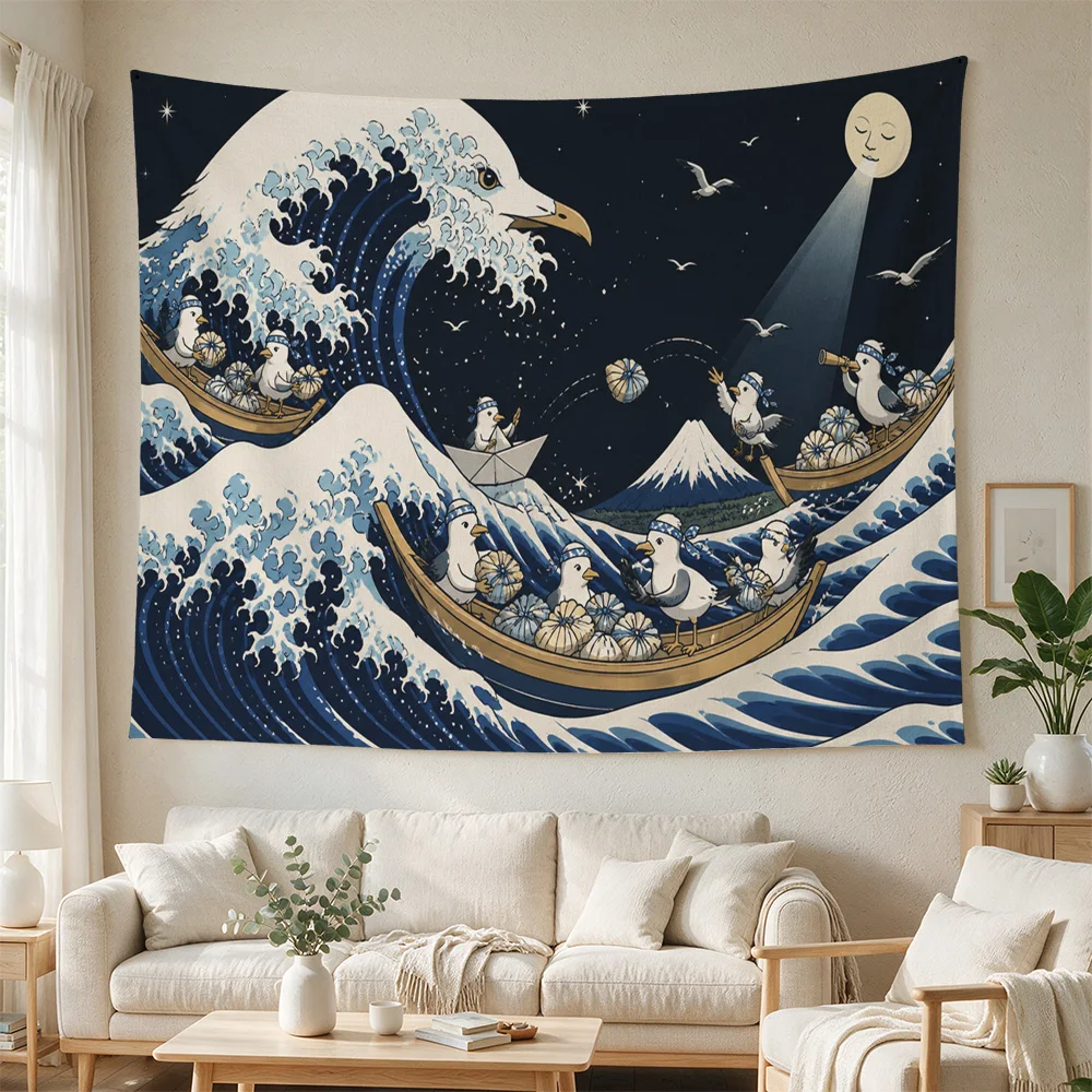 Japanese Wave Art Tapestry Wall Hanging Blue Ocean Decor for Living Room Bedroom Boho Nautical Style