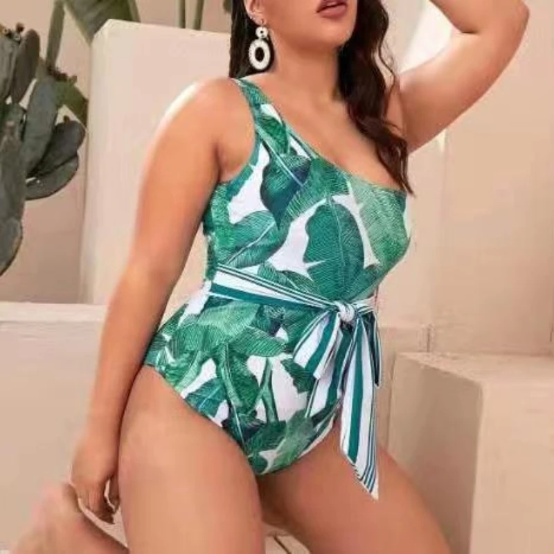 

Sexy One Piece Swimsuit Women Off Shoulders Leaf Print Bikini Slim Fit Large Size Swimwear Bandage Beach Clothes 2024 Summer