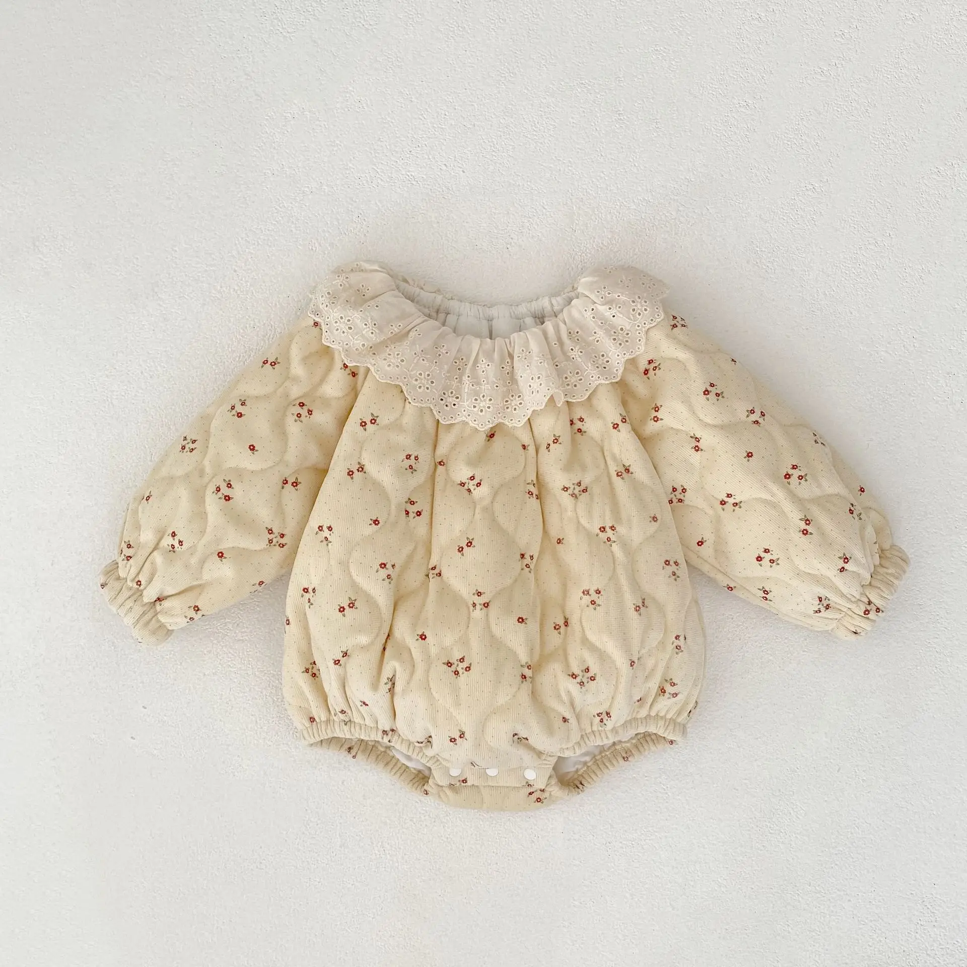 

2025 New Autumn/Winter Girls Rompers Lace Collar Clip Cotton Printed Long Sleeve Bag Butt Clothes Princess