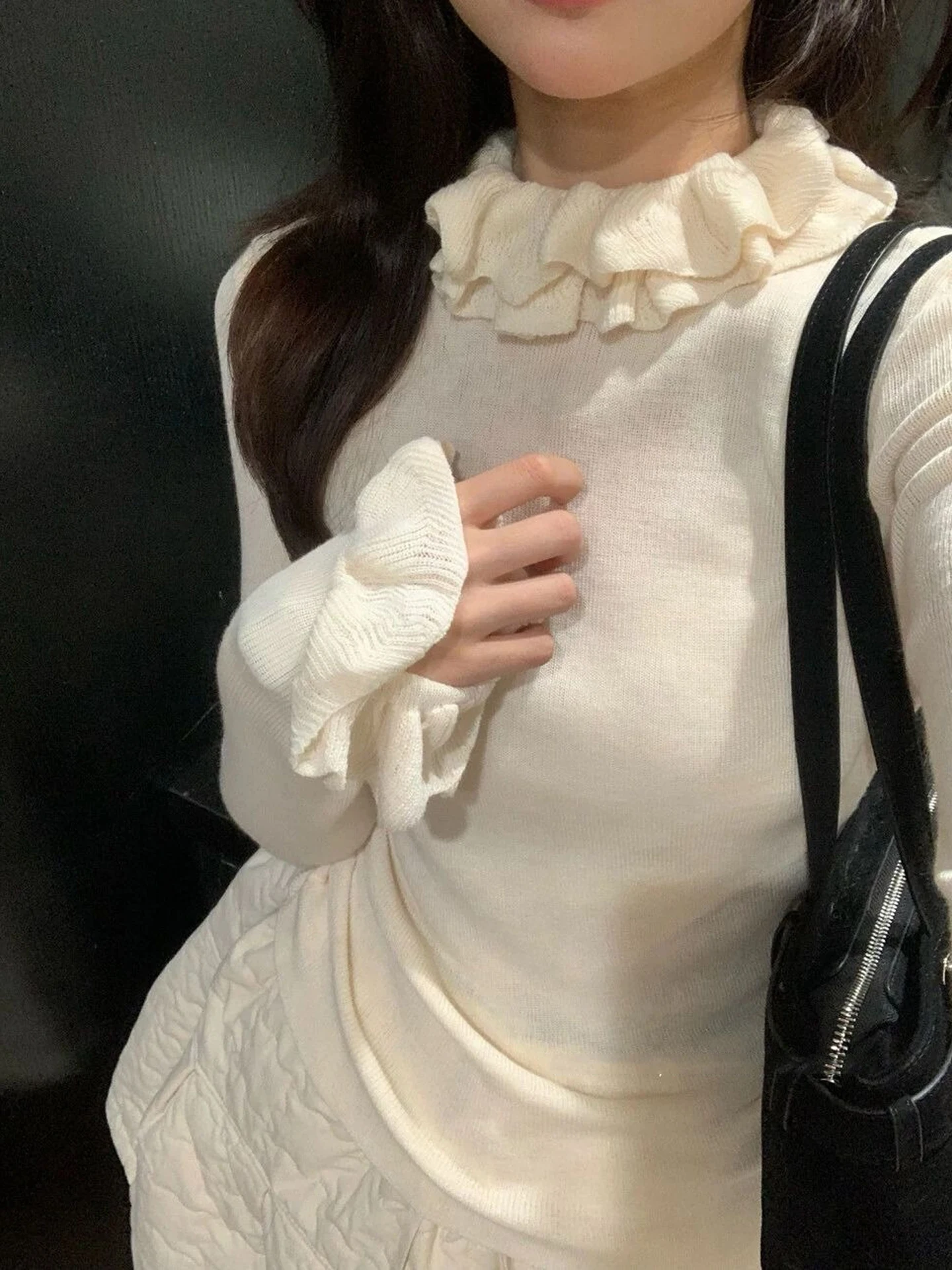 Doce ele dupla camada pétala gola plissada longa sve camiseta feminina ajuste fino base de desgaste interno irt outono inverno topo