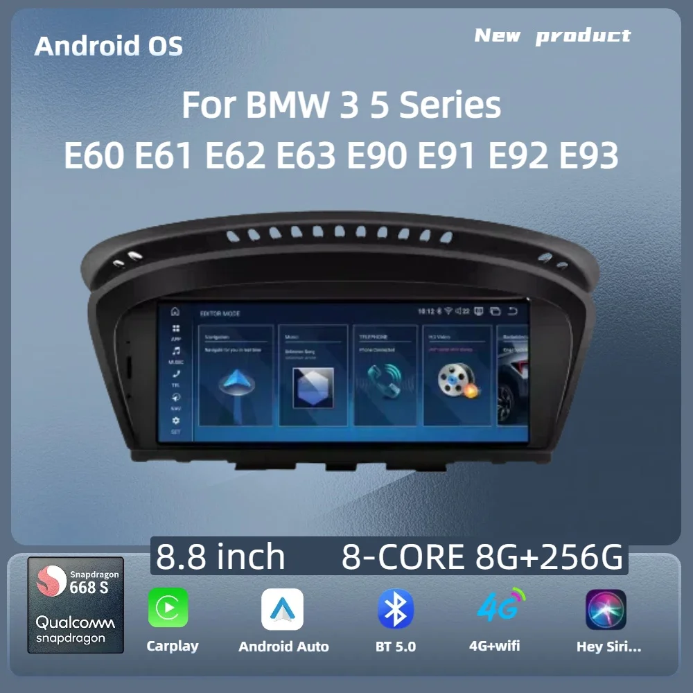 

For BMW 3 5 Series E60 E61 E62 E63 E90 E91 E92 E93 8.8 inch Android 14 Wireless BT Carplay Qualcomm Snapdragon 680 Touch Screen